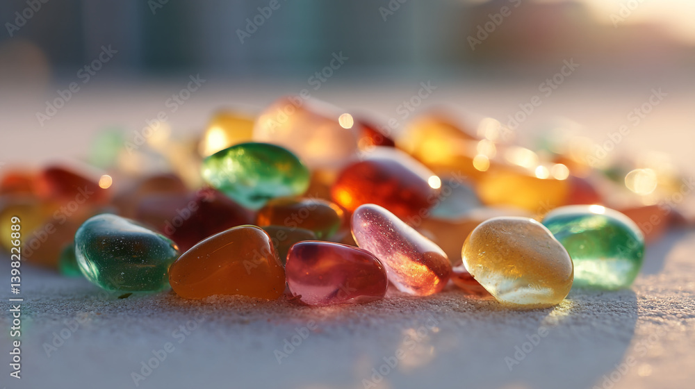 Poster a close up view of colorful translucent pebbles scattered on a textured white surface with soft ligh