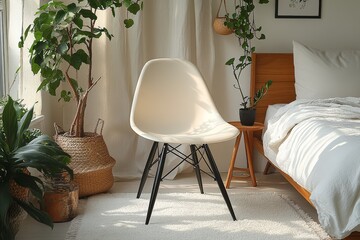 
Light Beige Plastic Chair with Black Legs and Wooden Rockers in Boho-Style Bedroom with Plants, Natural Materials, and Bright Lighting.