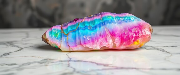 Obraz premium Vibrant rainbow fluorite rests on polished marble, still life, high resolution