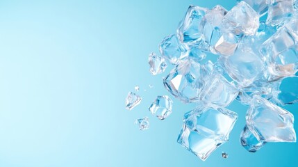 Cool, clear ice cubes scattered against a light blue backdrop