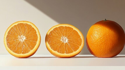 Two orange halves and one whole orange on a white surface, illuminated by sunlight.