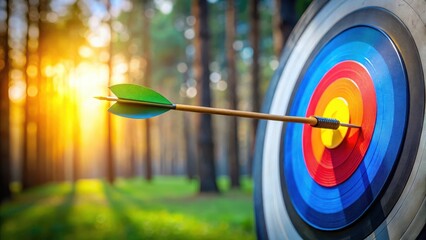 Achieving Success An Arrow Piercing the Center of a Target in a Sunlit Forest