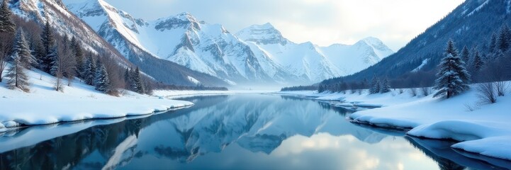 Fototapeta premium Snowy mountain range reflecting in still, icy river, scenic, mountain