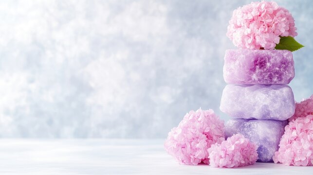 Stacked colorful bath bombs with fluffy pink flowers on a soft pastel background, and elegant composition for spa and relaxation concept.