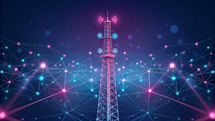 Futuristic 5G Telecommunication Tower with Glowing Network Nodes – Cyberpunk Wireless Communication Concept