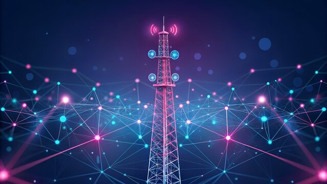 Futuristic 5G Telecommunication Tower with Glowing Network Nodes – Cyberpunk Wireless Communication Concept