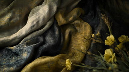 Fototapeta premium A close-up view of textured linen fabrics in muted tones, accented by delicate yellow flowers.