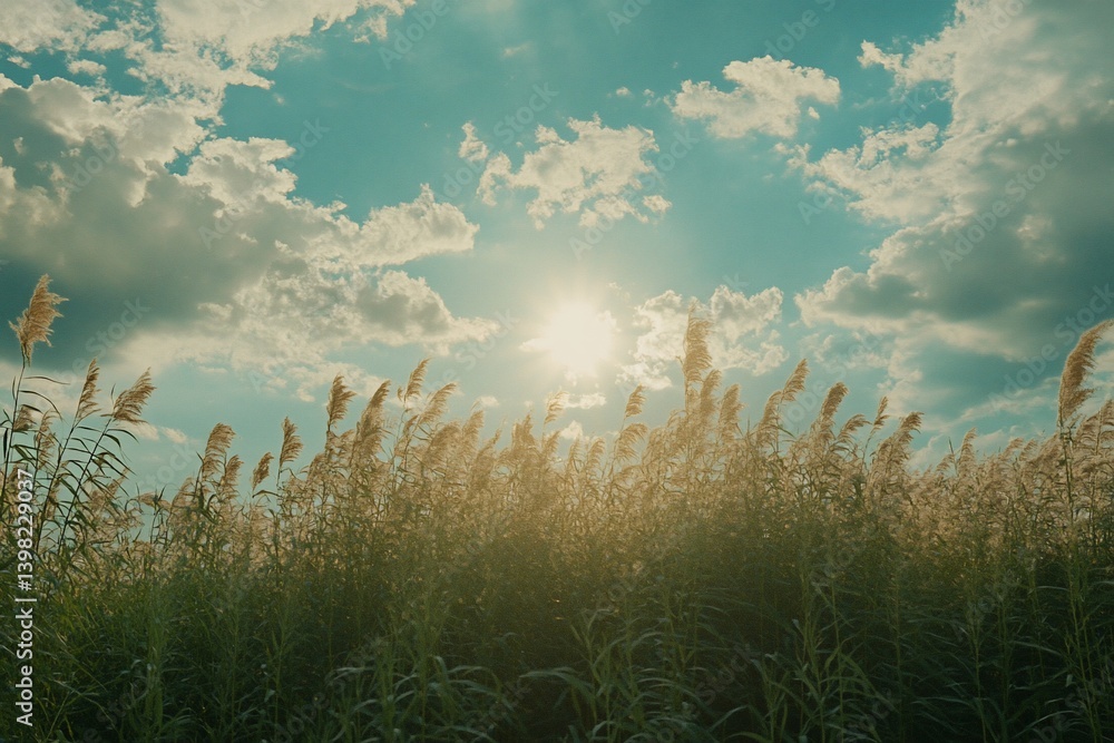 Aufkleber sunlit reeds swaying gently in a vast field under a partly cloudy sky.