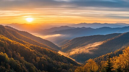 Panoramic sunrise over autumnal mountain valley with fog.