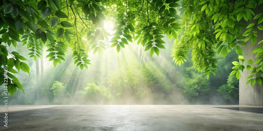 Poster Serene sunlit forest scene with lush foliage, misty atmosphere, and a tranquil empty platform ideal for product display or design compositions.