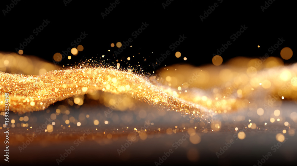 Poster a golden glittering wave flowing across a dark background with bokeh lights and sparkling particles