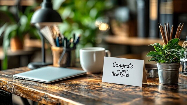 Congratulatory card on a modern desk for a new job or role - Powered by Adobe
