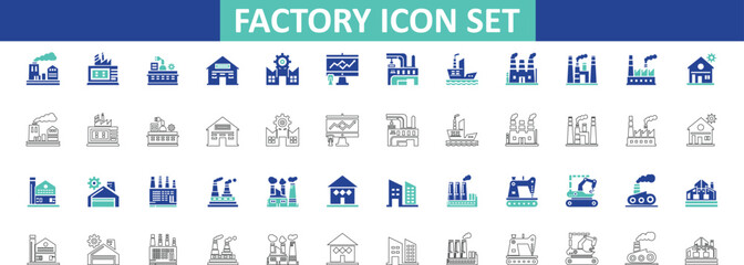  Factory and Industrial line and fill Icon Set connecting factory, industry, industrial, manufacturing, production, plant, machine, building, solid icon.
