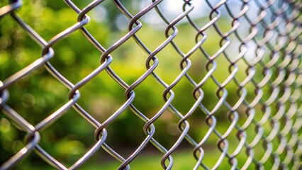 Naklejka premium Close-up View of Interwoven Metal Mesh Fence Against a Soft-Focus Green Background