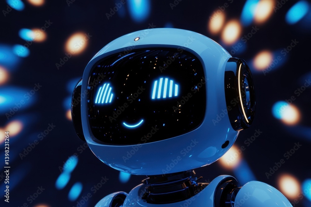 Aufkleber robot character with a glowing face and cheerful expression in a colorful digital backdrop