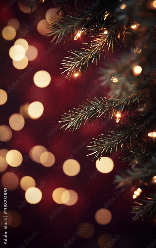 Poster close-up of illuminated pine branch against bokeh lights.