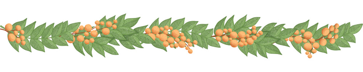 Decorative floral border with green leaves and orange berries. Hand drawn illustration.