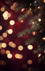 Close-up of illuminated pine branch against bokeh lights.