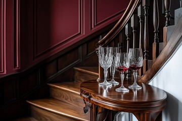 Red wine glasses on a wooden table near a staircase in a luxurious interior.