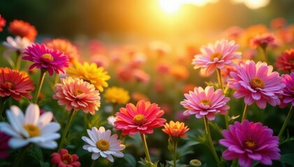 Fototapeta premium Sun-kissed array of flowers, diverse colors and textures , garden, outdoor, flora