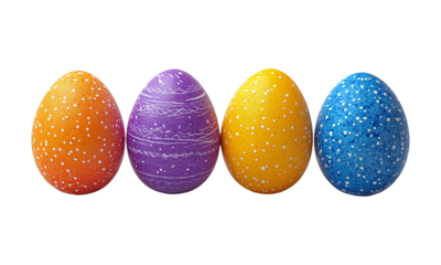 Colorful Decorated Easter Eggs Patterned Row Isolated on Transparent Background Still Life, cut out.