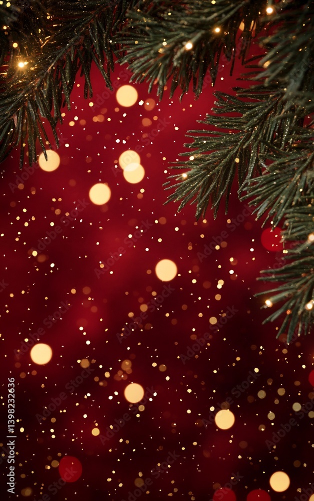 Poster festive christmas background with fir branches and bokeh lights on a red backdrop.