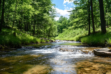 A tranquil mountain stream cascading over rocks in a lush forest.
