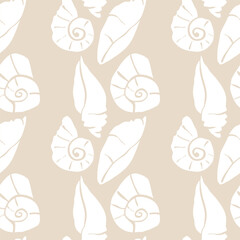 Hand drawn sea shells beige sandy seamless pattern in doodle sketchy style on beige background. Line art sea shell vector background