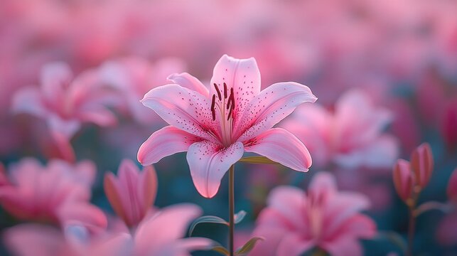 Delicate pink lilies in a field, soft focus