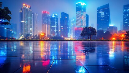 Obraz premium Night cityscape reflecting on wet pavement.