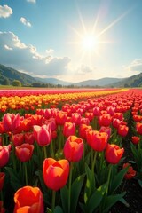 Sunlit tulip field panorama, vibrant spring bloom, sunshine, light, panorama