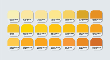 Saffron Color Guide Palette with Color Names. Catalog Samples of Saffron with RGB HEX codes and Names. Beautiful yellow colour Palette Vector, light yellow Color Palette, Fashion trend yellow Colors