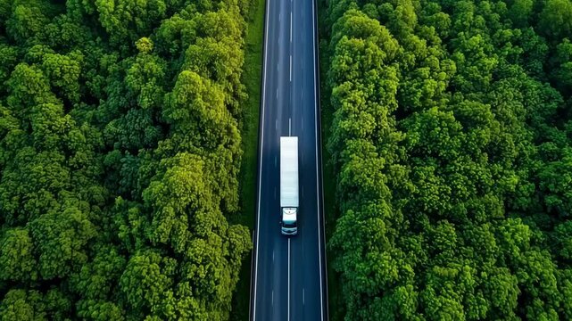 A transport vehicle navigates a wide highway bordered by lush green trees during the afternoon