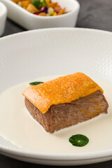 Gourmet beef served with creamy white sauce and crispy topping