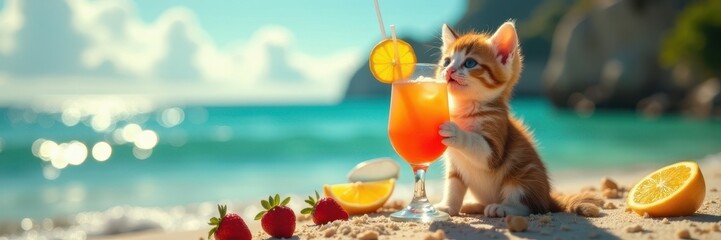 Tiny kitten with shades enjoys fruity cocktail by ocean , furry, drink