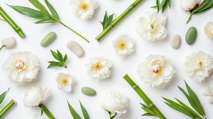 Flat lay of white peonies, bamboo stalks, and stones on white background.