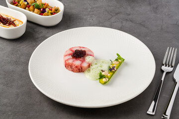 Salmon tartare or tuna tartare prepared in a fine dining restaurant