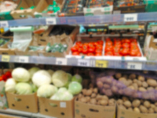 Blurred image of Vegetables, potatoes, tomatoes on defocused supermarket shelves. Retail industry. Farmers market. Grocery store. products. Food. Greengrocers. Sales Increase. Economic Uncertainty.