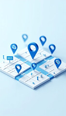 Fototapeta premium A detailed representation of location markers over a map showing travel destinations, the markers give a visual representation of the route.