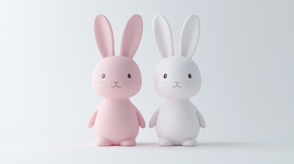 Obraz premium Two adorable cartoon bunnies stand side by side against a clean white background perfect for Easter cards or children's book illustrations presenting a sweet and charming image.