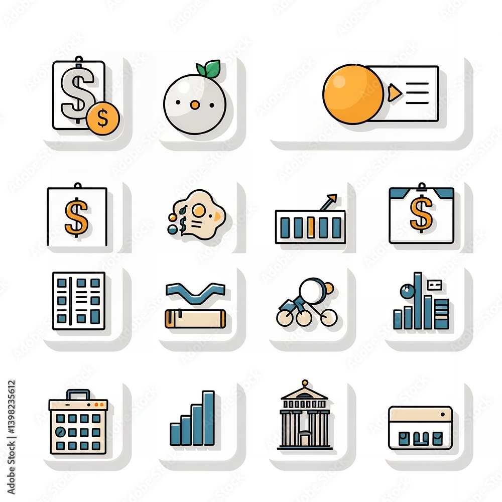 Poster collection of business and finance icons displayed in a grid pattern on a white background