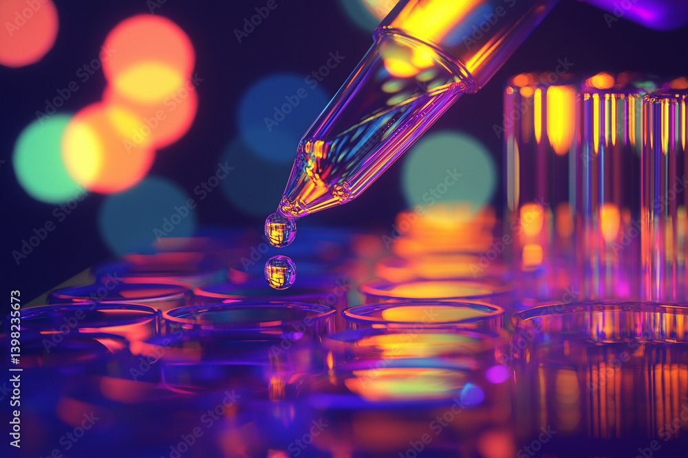 Aufkleber conceptual image to illustrate biotechnology, scientist pipetting chemical formula into multi well p