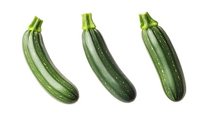 Three fresh green zucchini vegetables are arranged diagonally on a clean transparent background perfect for healthy food marketing materials.