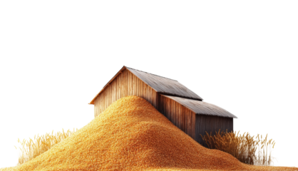 Harvesting grain at rustic farmhouse in golden fields isolated on transparent background, png