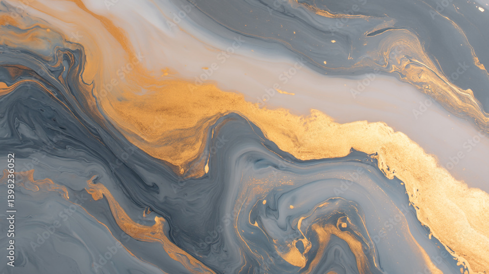 Poster abstract art featuring flowing gold and gray colors with swirling and marbled patterns present in th
