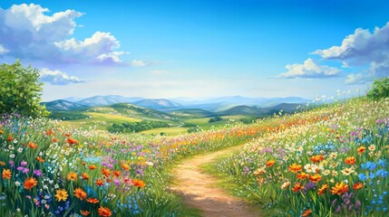 Sunny path through vibrant wildflowers leading to scenic mountains.