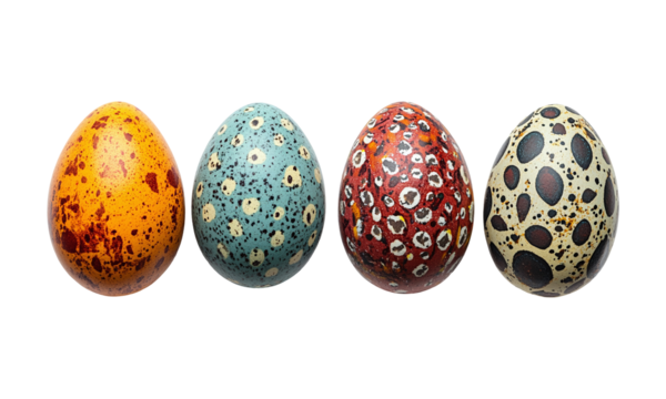 Four Eggs with Various Colorful Spotted Shells on Transparent Background Texture, cut out.