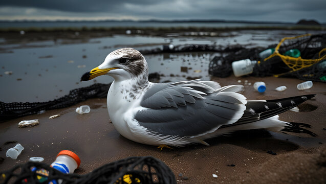 Oil-Covered Bird on Polluted Shore