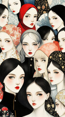 Elegant stylized portrait illustration of diverse women in traditional attire with soft expressions – phone wallpaper

