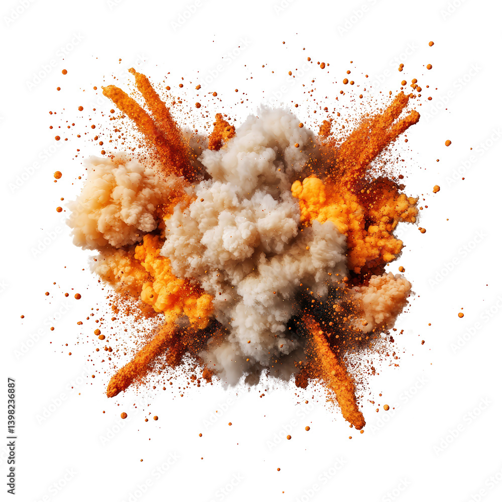 Poster a brilliant explosion of orange and white powder creating a stunning visual contrast against a dark 